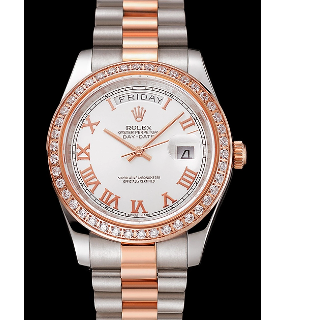 Good Copy Rolex Watches Day-Date Diamonds Steel Bezel Rolex And 1454108 Swiss Gold Staineless Dial Bracelet White Rose 0702